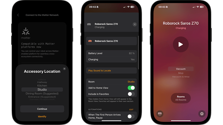 Benutzeroberfläche der Roborock Saros Z70-App, die den Ladezustand und den Batteriestatus anzeigt.