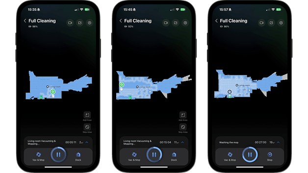 Three smartphones displaying the Roborock Saros Z70 cleaning app with maps and cleaning progress.