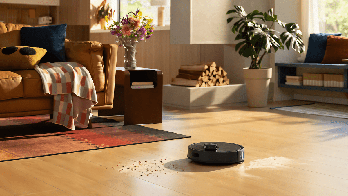 Un aspirateur robot Roborock Q10 S5+ nettoyant des débris sur un sol en bois dans un salon confortable.