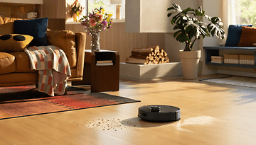 Ein Roborock Q10 S5+ Saugroboter, der Schmutz auf einem Holzboden in einem gemütlichen Wohnzimmer aufräumt.