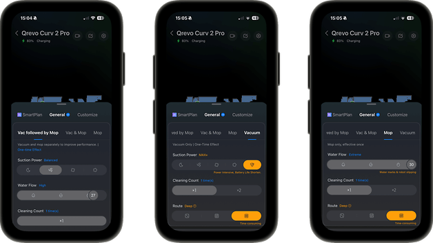 Drei Smartphone-Bildschirme, die die Einstellungen und den Batteriestatus der Qrevo Curv 2 Pro-App anzeigen.