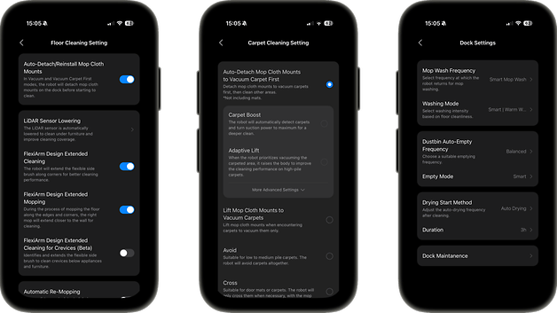 Drei Smartphone-Bildschirme, die Einstellungen für die Boden-, Teppich- und Dockreinigung des Roborock Qrevo Curv 2 Pro anzeigen.