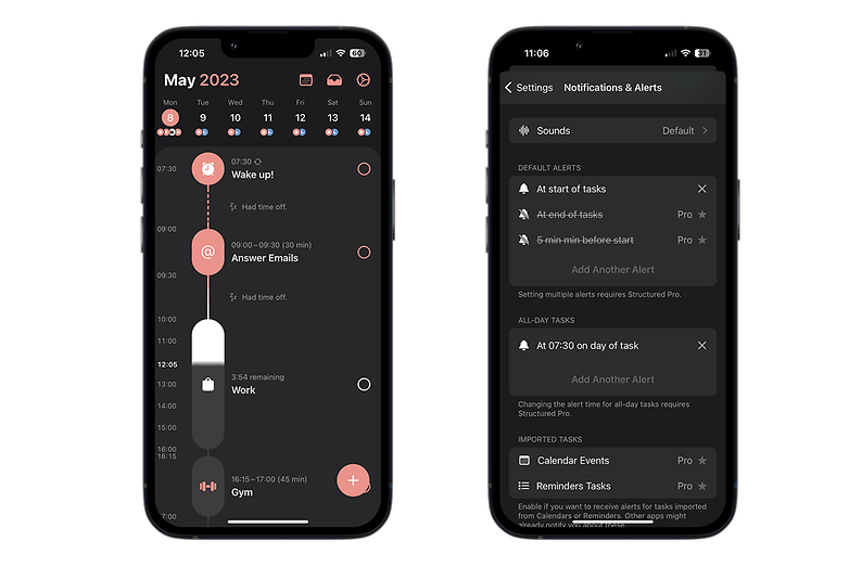 Structured-App Kalender- und Einstellungsübersicht