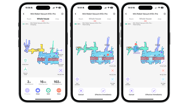 Three smartphones show the SwitchBot K10+ Pro vacuum cleaner app with cleaning statistics and maps.