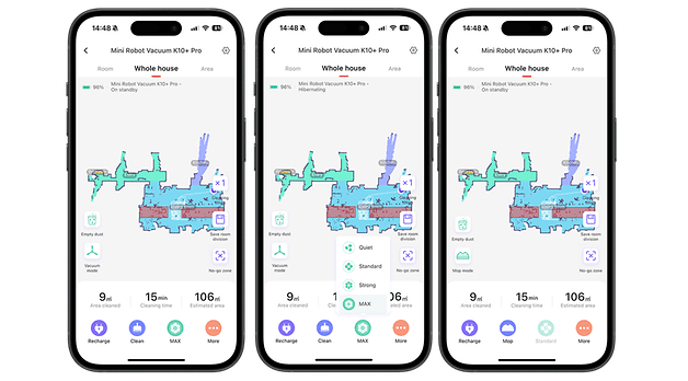 Drei Smartphone-Bildschirme zeigen die Benutzeroberfläche der SwitchBot K10+ Pro Staubsauger-App mit Reinigungsstatistiken.