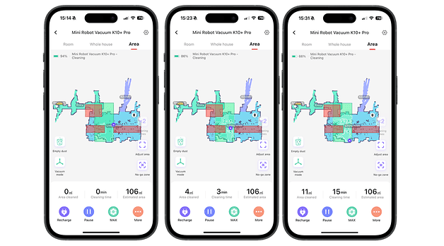 Drei Smartphone-Bildschirme zeigen die SwitchBot K10+ Pro Staubsauger-App mit Reinigungsstatus und Karten.