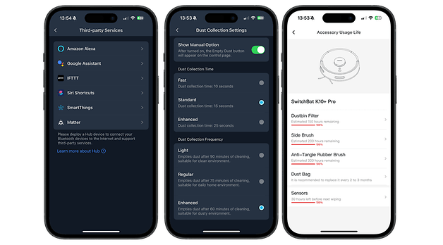 Drei Smartphone-Bildschirme, die Details zur SwitchBot K10+ Pro-App anzeigen: Reinigungsstatus, Staubsammlungsoptionen und Zubehörnutzung.