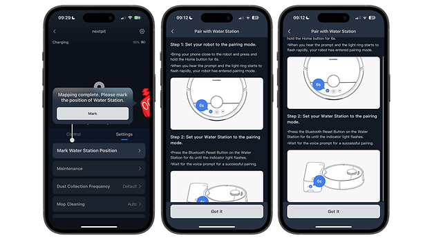 Benutzeroberfläche der mobilen App zur Einrichtung des SwitchBot S10 mit Schritten zum Pairing des Roboters und der Wasserstation.