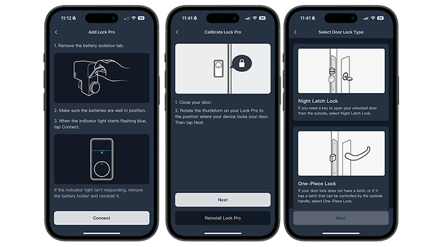 Bildschirme, die die Einrichtungsschritte für das SwitchBot Smart Lock Pro zeigen, einschließlich der Batteriemontage und der Auswahl des Schloss Typs.