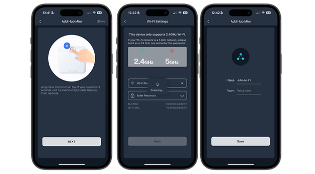 Three smartphone screens showing steps to add a SwitchBot Smart Lock Pro.