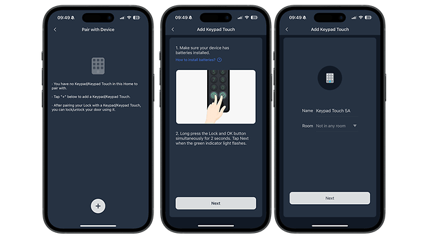 Drei Smartphone-Bildschirme zeigen den Pairing-Prozess des SwitchBot Smart Lock Pro und Anweisungen zur Einrichtung der Tastatur.