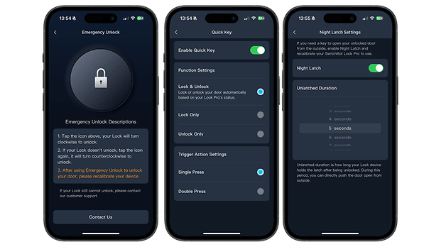 SwitchBot Smart Lock Pro app interface with emergency release, quick key and night lock settings.