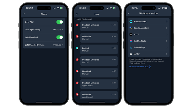 SwitchBot Smart Lock Pro app interface displays alarms, logs and third-party services.