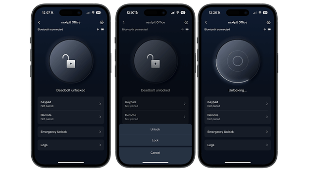 Drei Smartphone-Bildschirme, die die SwitchBot Smart Lock Pro-App mit Entsperrfunktionen anzeigen.