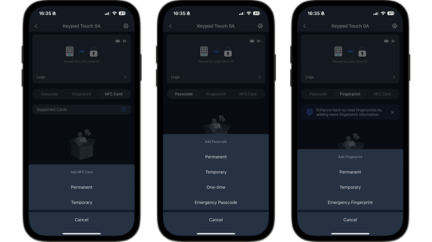 Bildschirme, die die Einstellungen der SwitchBot Smart Lock Ultra-App für Passcode-, Fingerabdruck- und NFC-Kartenoptionen anzeigen.
