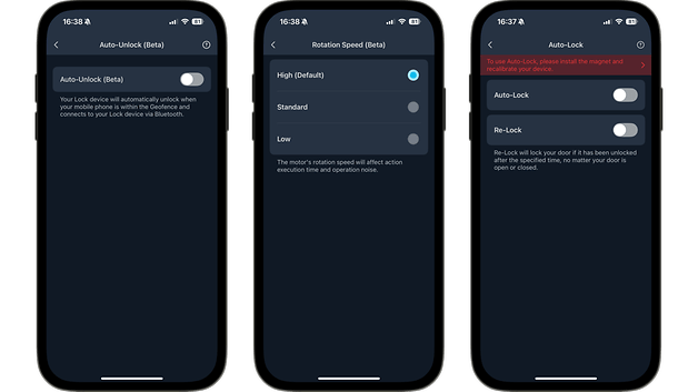 Drei Smartphone-Bildschirme, die Einstellungen für das SwitchBot Smart Lock Ultra anzeigen, einschließlich Auto-Unlock und Auto-Lock.