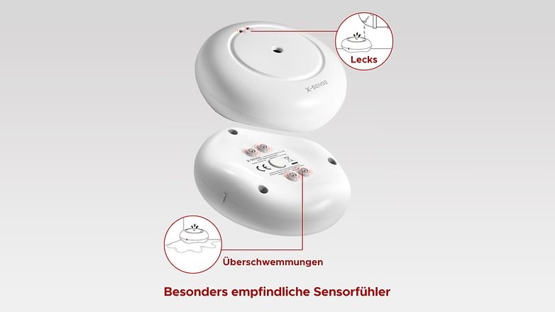 Smarter Wassermelder mit empfindlichen Sensoren, die Leck- und Überlaufindikatoren anzeigen. Smarter Wassermelder mit empfindlichen Sensoren, die Leck- und Überlaufindikatoren anzeigen.