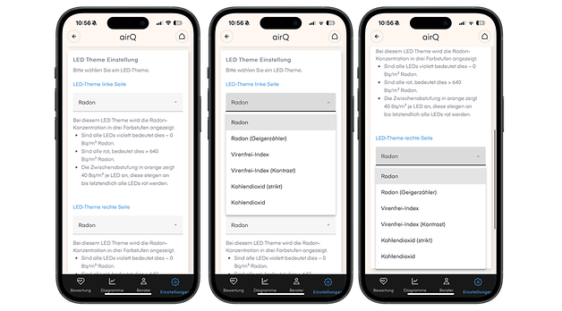 Drei Smartphones, die Einstellungen für LED-Themen zur Radon-Konzentration anzeigen.