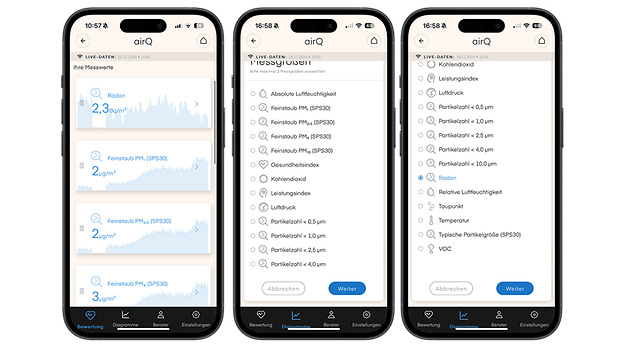 Drei Smartphones, die Luftqualitätsdaten anzeigen, einschließlich Radonwerte und Feinstaub.