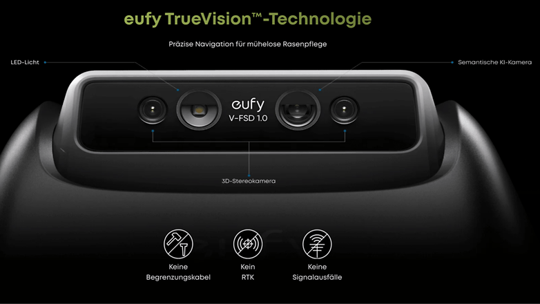 eufy TrueVision-Technologie mit präziser Navigation für mühelose Rasenpflege; LED-Licht und 3D-Stereokamera.