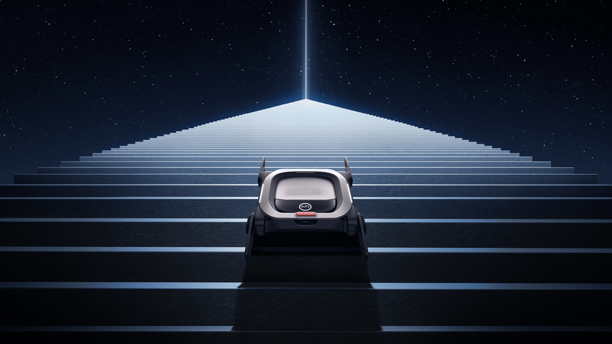 Un eufy MarsRover montant un escalier sous un ciel étoilé avec un faisceau de lumière brillante au-dessus.