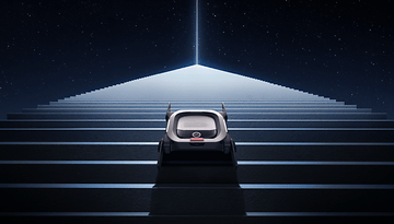 A eufy MarsRover ascending a staircase under a starry sky with a bright beam of light above.