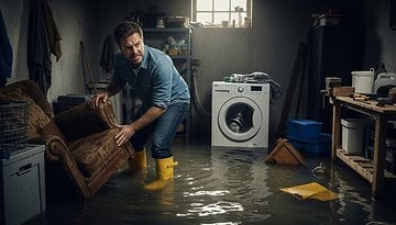 Ein Mann in gelben Gummistiefeln entfernt ein Sofa aus einem überfluteten Keller, umgeben von Wasser und Haushaltsgegenständen.
