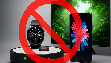 Eine Smartwatch und ein Smartphone auf einer Oberfläche mit einem 'Verkaufsverbot'-Symbolüberlagerung.