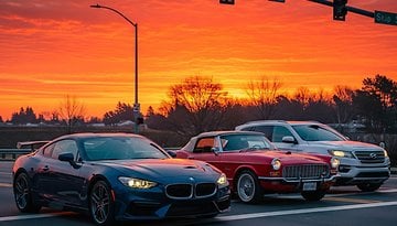 Autos an einer ampel im Sonnenaufgang.
