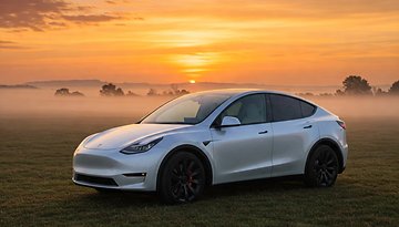 Tesla Model Y im Sonnenaufgang in der Seitenansicht.