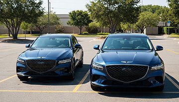 Autos von Genesis stehen auf einem Parkplatz.