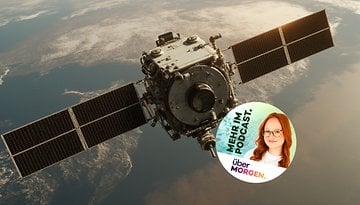 Ein Satellit in der Umlaufbahn über der Erde mit einem Podcast-Logo, das eine Frau zeigt.