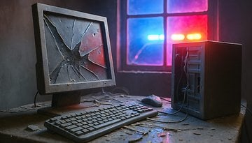 A broken computer and police lights.