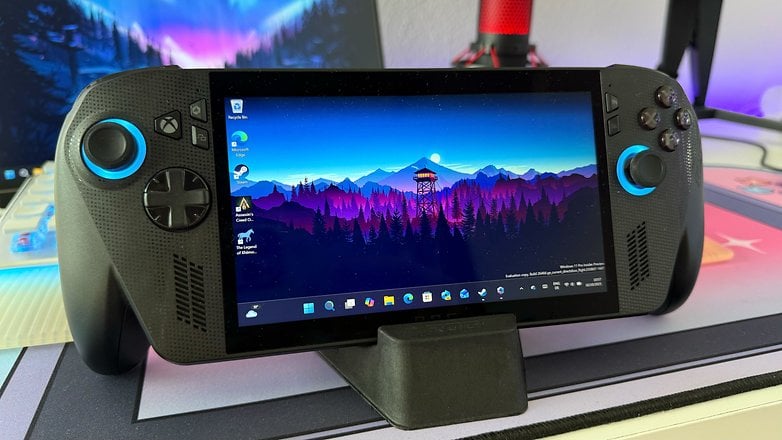 The ROG Xbox Ally X on its stand. The ROG Xbox Ally X on its stand.