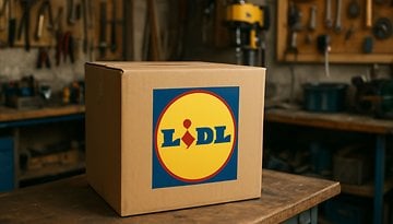 Lidl-Logo auf einem Karton, der in einer Werkstatt mit allerlei Werkzeug steht