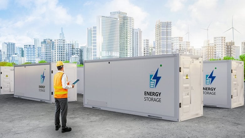 Batteriespeicher und Windräder, Sinnbild Energieziele