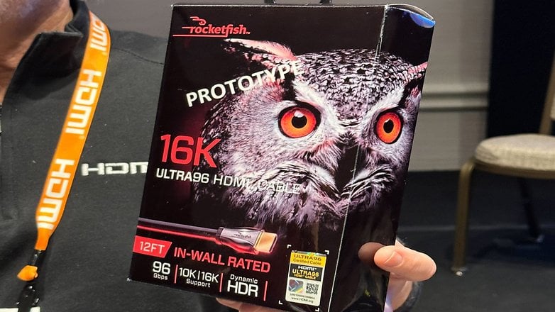 Prototype packaging for a 12ft Rocketfish Ultra96 HDMI cable with 16K support and owl graphic.