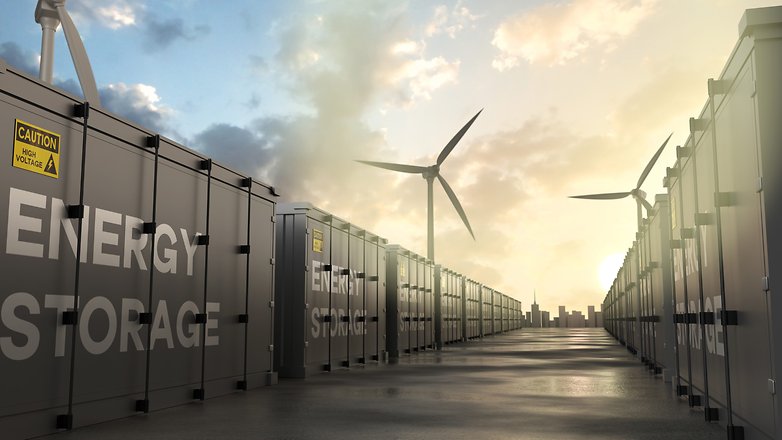 Batteriespeicher, Windräder, Sinnbild für Energieziele Batteriespeicher, Windräder, Sinnbild für Energieziele