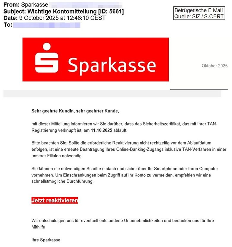 Gefälschte E-Mail im Namen der Sparkasse Gefälschte E-Mail im Namen der Sparkasse