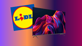 Lidl-Logo neben einem Sharp 4K-UHD-TV auf einem bunten Farbverlauf-Hintergrund.