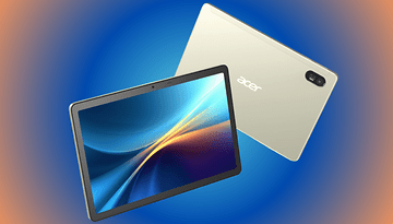 Acer V11 Tablet, zeigt das Vorder- und Rückdesign vor einem blauen Farbverlauf-Hintergrund.