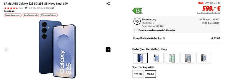 Samsung Galaxy S25 5G, 256 GB, Marine Dual SIM, für 599 Euro bei MediaMarkt.