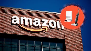 Amazon-Logo auf einem Ziegelgebäude mit Produktbildern für Reinigungsangebote.
