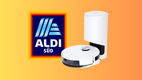 Ecovacs DEEBOT N10 Saugroboter neben dem ALDI Süd-Logo auf einem Farbverlaufshintergrund.