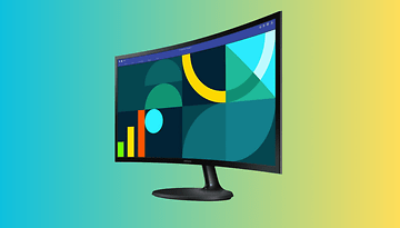 Samsung gebogener Monitor, der farbenfrohe geometrische Formen anzeigt.