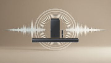 Eine Samsung-Soundbar mit Subwoofer, umgeben von Grafiken von Schallwellen.