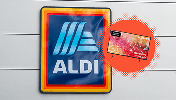 ALDI-Logo auf einem Schild mit einer Werbung für den Samsung TV Crystal UHD.