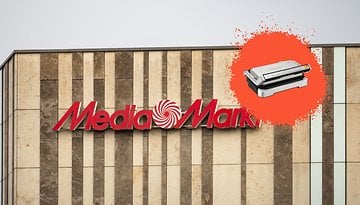 MediaMarkt Schriftzug mit grafischem Overlay des Tefal OptiGrill XL.