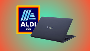 Ein Vale-Notebook neben dem Aldi Süd-Logo auf einem bunten Hintergrund.