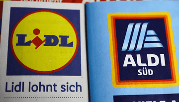 Logos von Lidl und Aldi, mit dem Text 'Lidl lohnt sich' und 'ALDI SÜD'.